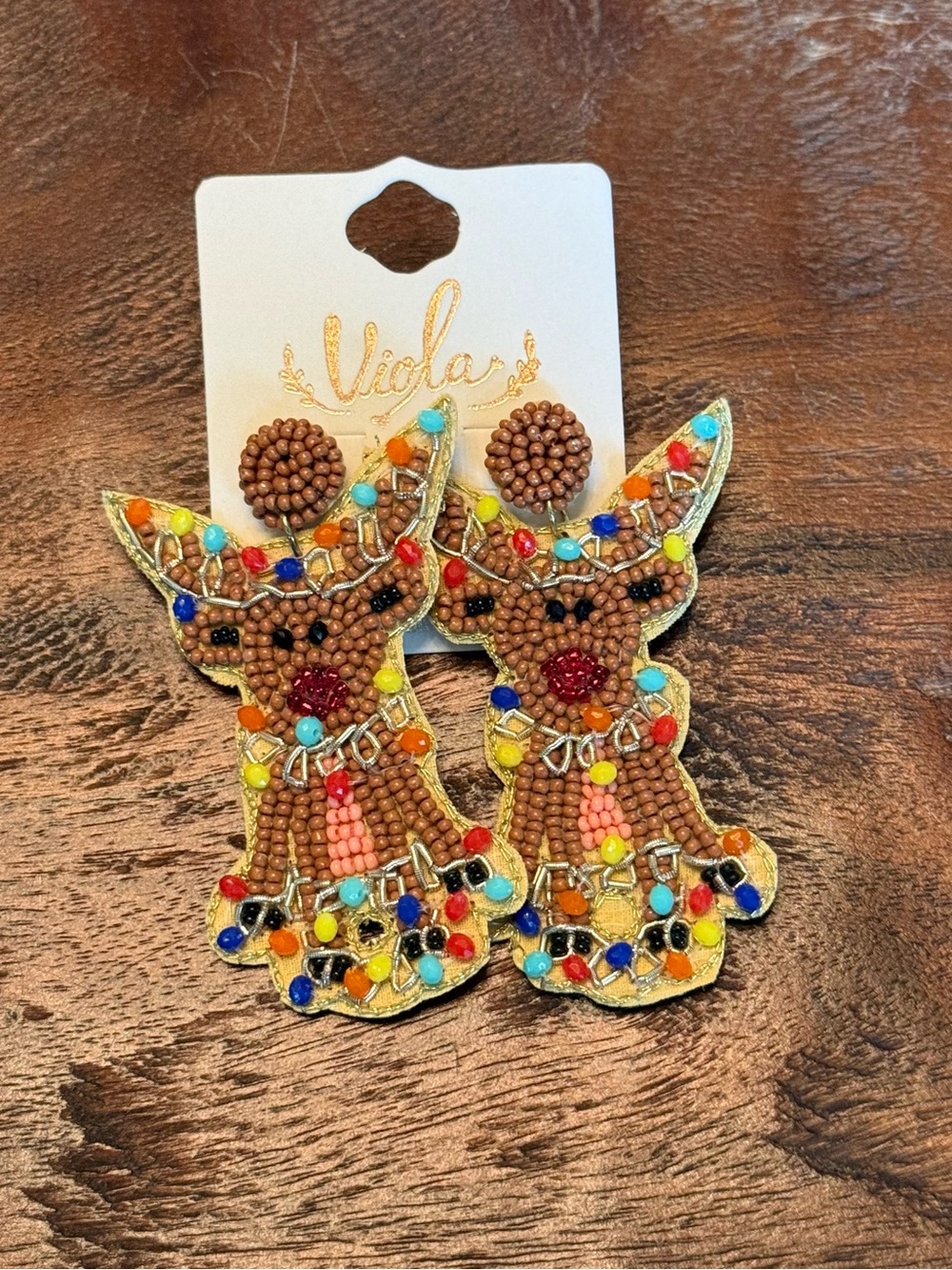 Brown Beaded Reindeer w/Colored Lights Earring NWT